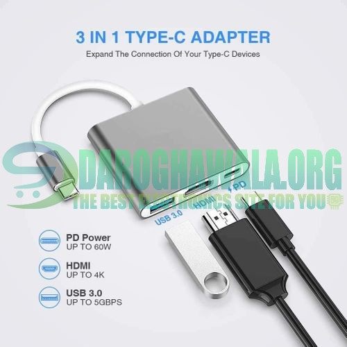 3 in 1 Multiport Type-c Usb To Hdmi Adapter Usb 3.0 Charging Port Converter Adapter in Pakistan